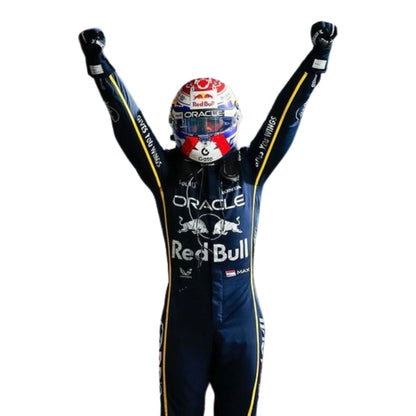 Max Verstappen inspired motorsport jumpsuit, shown as a complete two-layer racing costume ready for fans and karters. A great F1 cosplay outfit for fans heading to a grand prix, a karting session or a themed party.