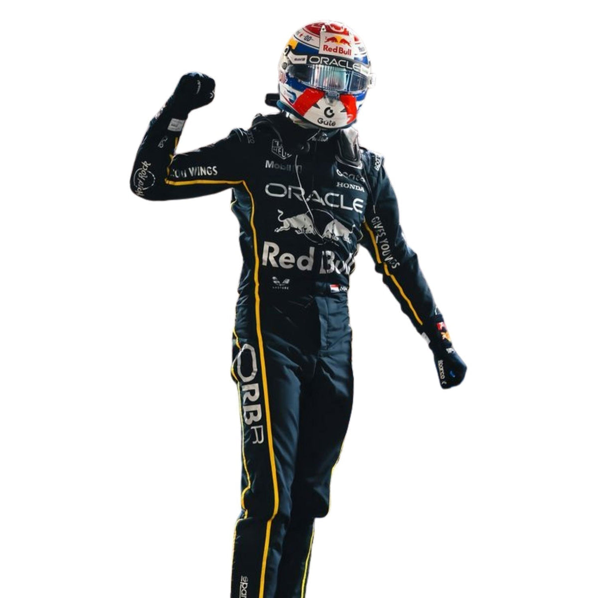 Max Verstappen 2025 Las Vegas GP racing costume, capturing the smooth Cordura outer shell and clean printed finish. Perfect grand prix attire for fans who want a race-ready look at the circuit or at home.