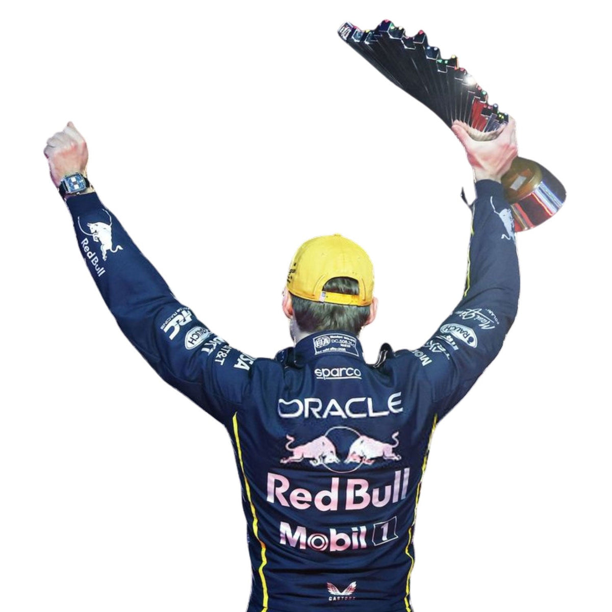 Red Bull race suit worn in Max Verstappen style, showing sharp sponsor-style graphics across the chest and sleeves. Racing attire built to turn heads in the grandstand, at the kart track or at a costume event.