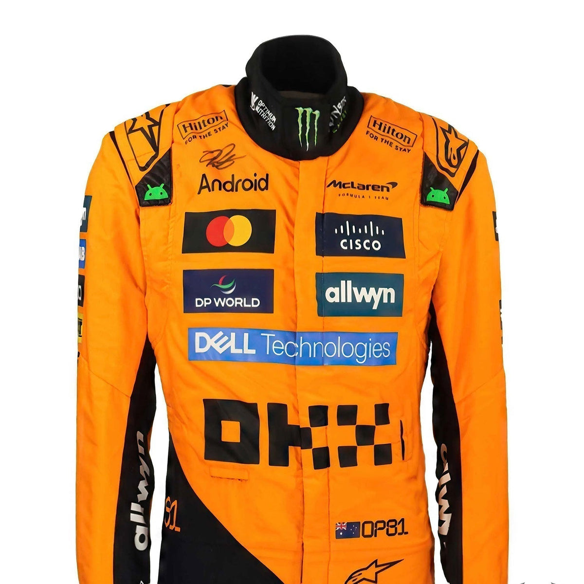 McLaren race suit worn in Oscar Piastri style, capturing the smooth Cordura outer shell and clean printed finish. Racing attire built to turn heads in the grandstand, at the kart track or at a costume event.