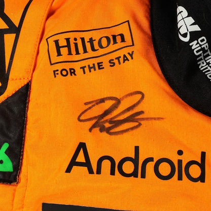 Oscar Piastri 2025 fan race suit, showing sharp sponsor-style graphics across the chest and sleeves. A standout motorsport cosplay outfit and gift for any fan, karter or collector.
