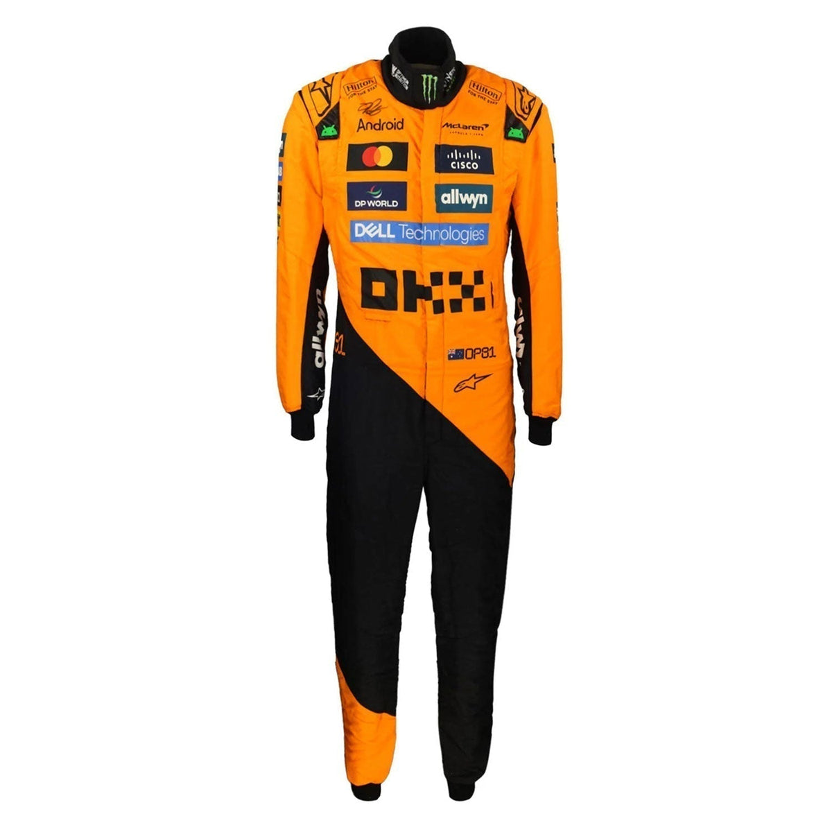 Oscar Piastri 2025 season grand prix suit, with vivid printed detailing that stays true to the grand prix design. A comfortable racing jumpsuit for F1 fans, kart track days and themed parties.