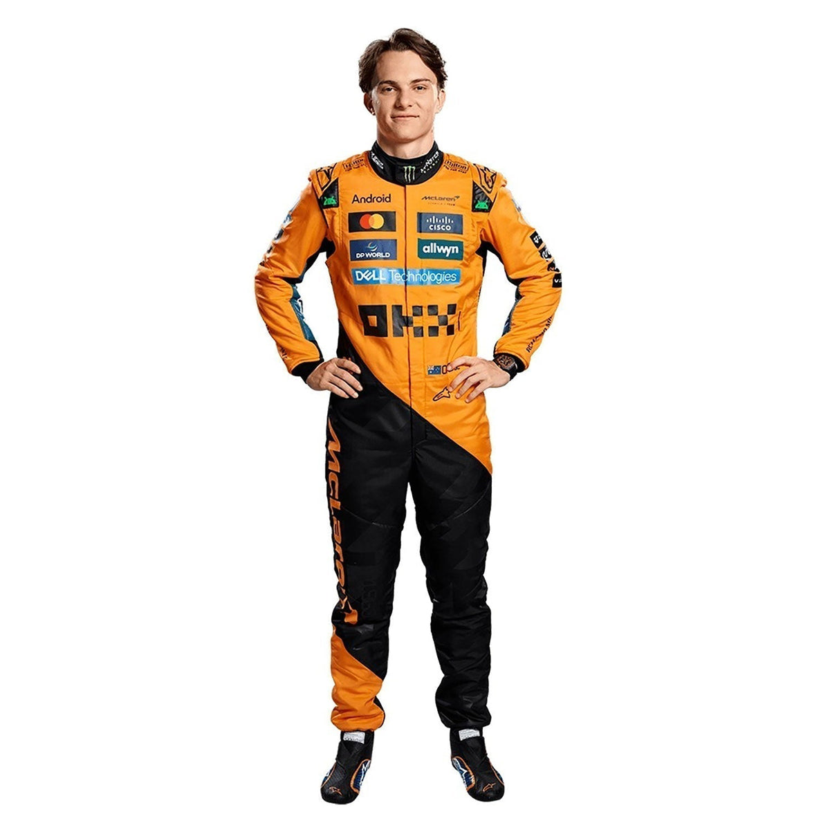 Printed McLaren 2025 racing outfit for Oscar Piastri fans, revealing the flexible elastic panel and tailored motorsport fit. A head-turning cosplay outfit for F1 conventions, parties and race day meetups.