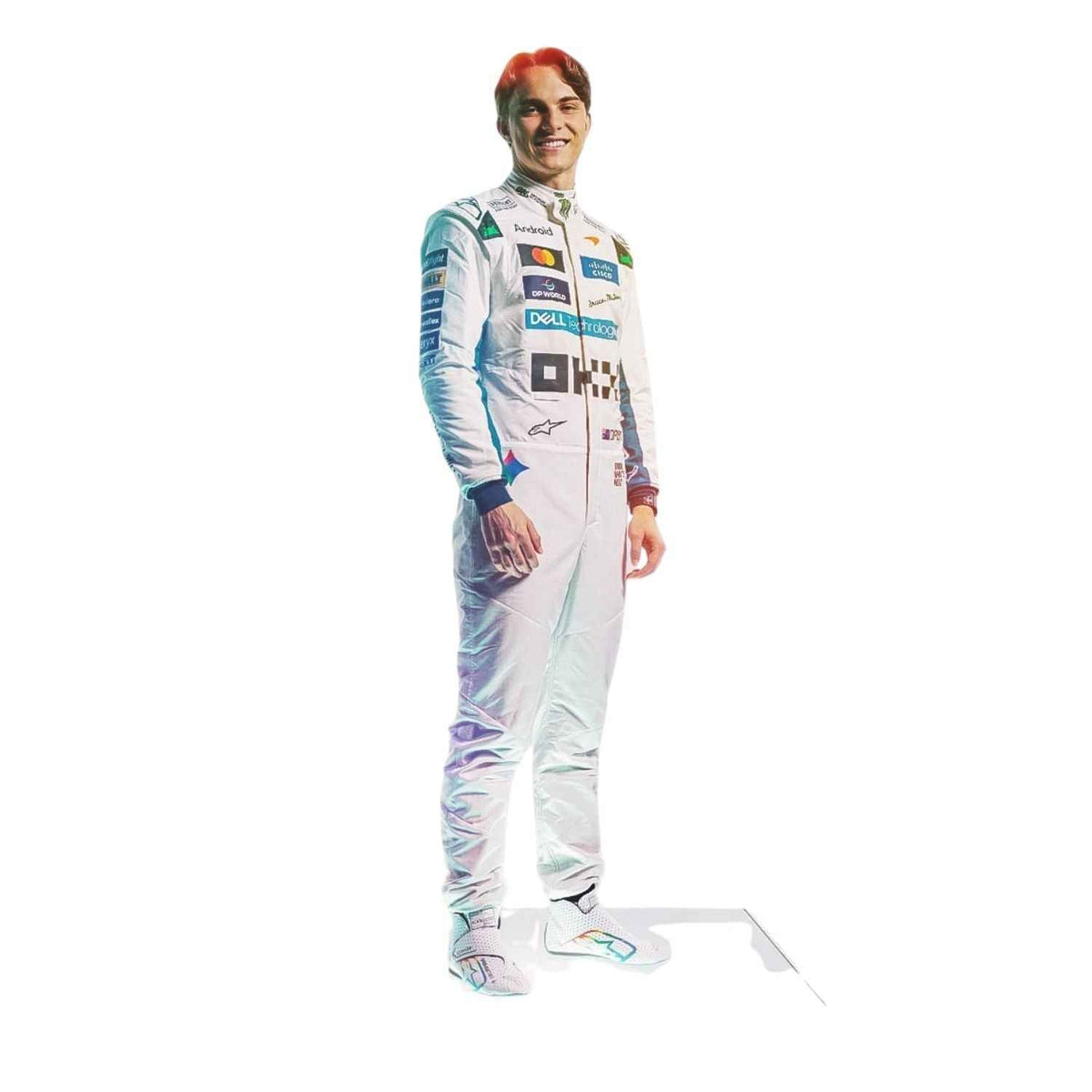 2026 Silverstone GP Oscar Piastri Race Suit Replica in McLaren race styling, shown as a complete two-layer racing costume ready for fans and karters. A comfortable racing jumpsuit for F1 fans, kart track days and themed parties.