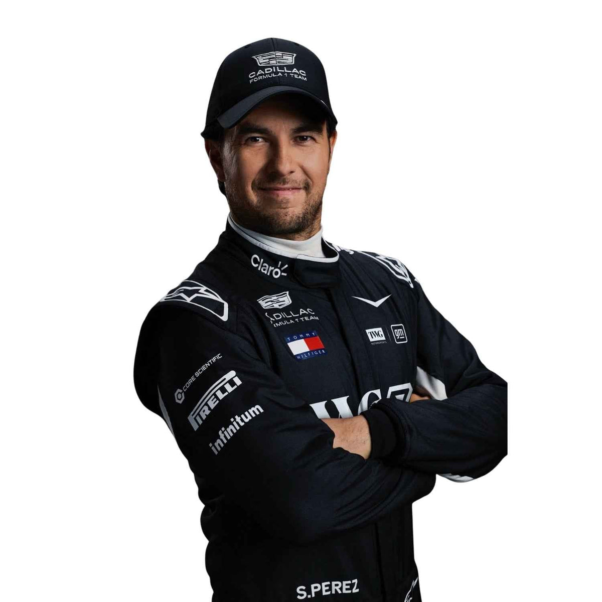Sergio Perez F1 2026 Race Costume Replica in Cadillac race styling, displaying the fitted one-piece cut with elasticated cuffs and a soft collar. An eye-catching cosplay outfit for watch parties, track days and motorsport meetups.