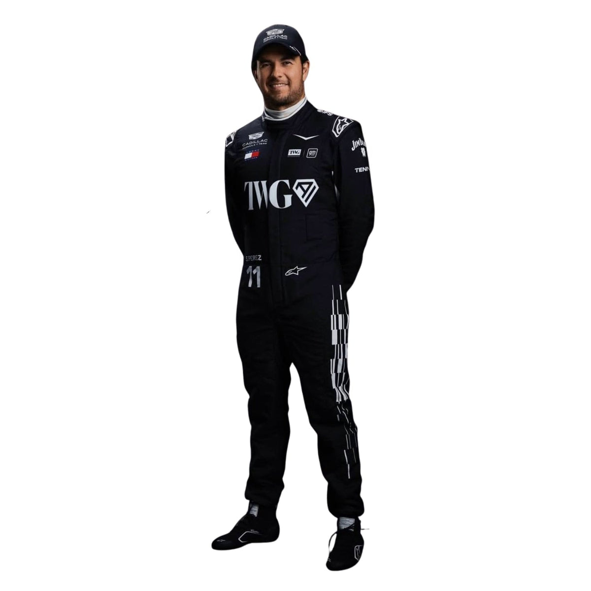 Sergio Perez 2026 season grand prix suit, revealing the flexible elastic panel and tailored motorsport fit. A comfortable racing jumpsuit for F1 fans, kart track days and themed parties.