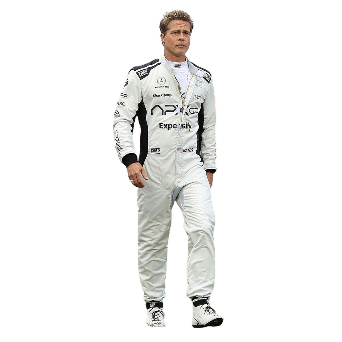 APXGP F1 movie race suit worn in Sonny Hayes style, displaying the fitted one-piece cut with elasticated cuffs and a soft collar. Ideal F1 fan attire for supporters who want to wear the spirit of the grid on race day.