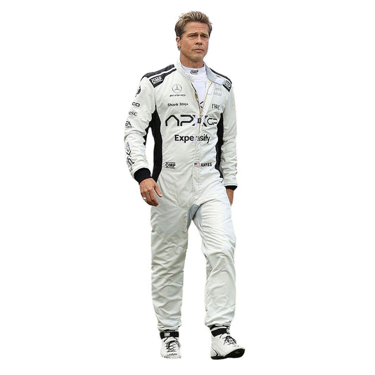 APXGP F1 movie race suit worn in Sonny Hayes style, displaying the fitted one-piece cut with elasticated cuffs and a soft collar. Ideal F1 fan attire for supporters who want to wear the spirit of the grid on race day.