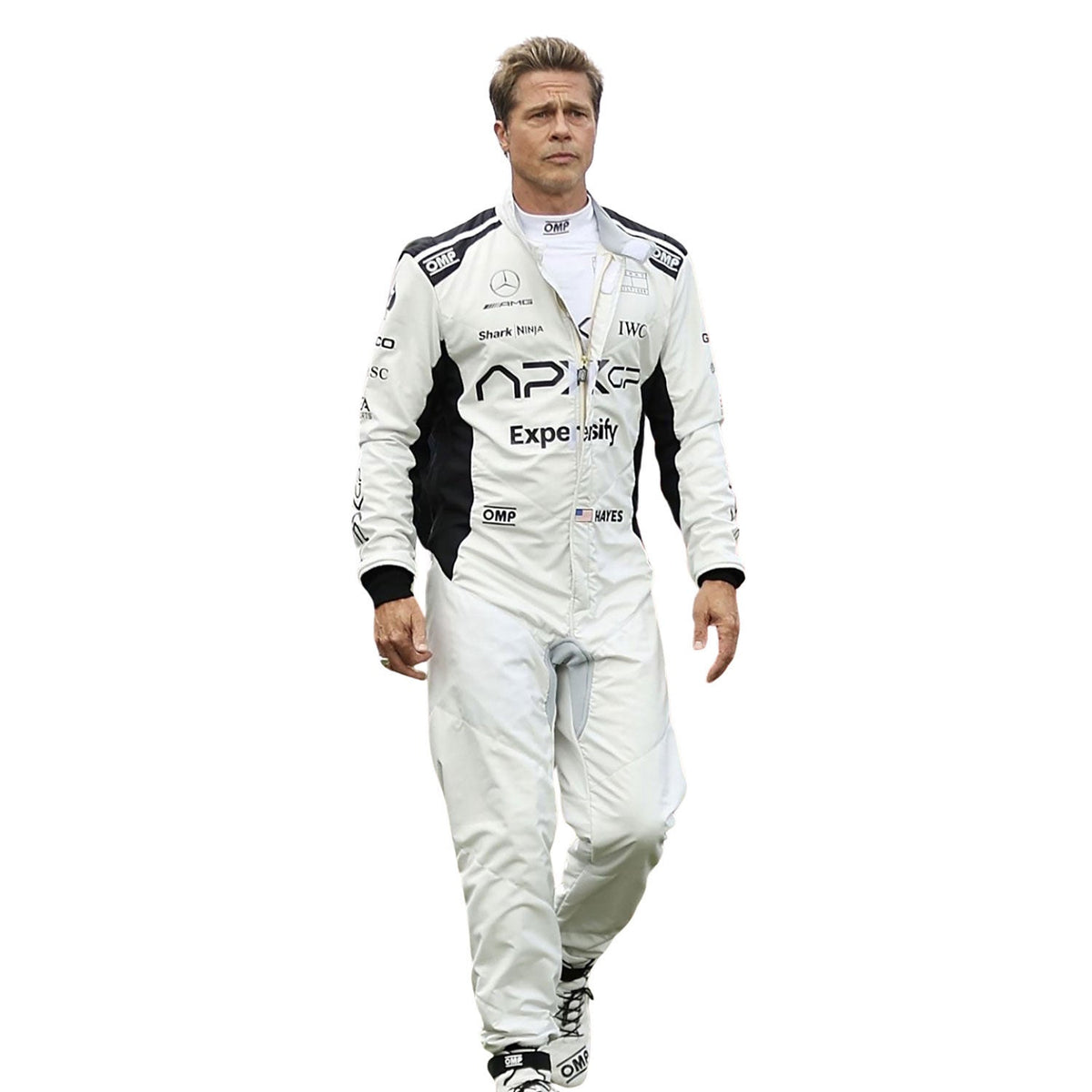 Sonny Hayes F1 Movie Race Suit Replica 2025 in APXGP F1 movie race styling, laid out to show the printed racing number, belt panel and stretch inserts. Stylish race day attire made for race weekends, kart track days and cosplay events alike.