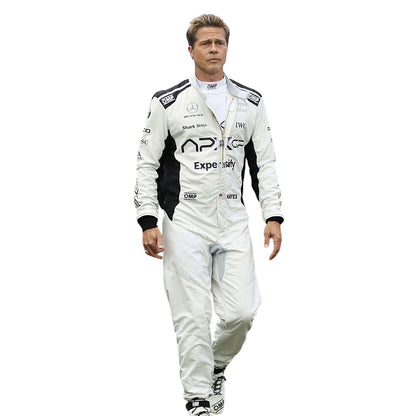 Sonny Hayes F1 Movie Race Suit Replica 2025 in APXGP F1 movie race styling, laid out to show the printed racing number, belt panel and stretch inserts. Stylish race day attire made for race weekends, kart track days and cosplay events alike.