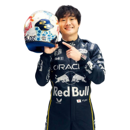 Red Bull race suit worn in Yuki Tsunoda style, showing sharp sponsor-style graphics across the chest and sleeves. Ideal F1 fan attire for supporters who want to wear the spirit of the grid on race day.