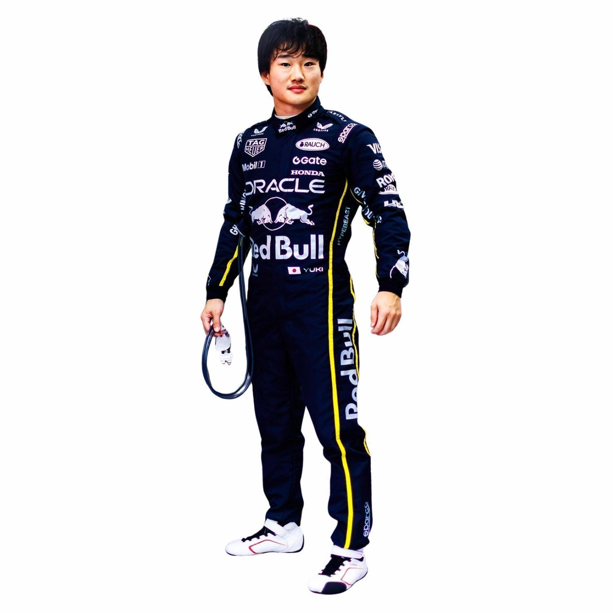 Yuki Tsunoda Racing Costume 2025 Las Vegas GP in Red Bull race styling, revealing the flexible elastic panel and tailored motorsport fit. A standout motorsport cosplay outfit and gift for any fan, karter or collector.